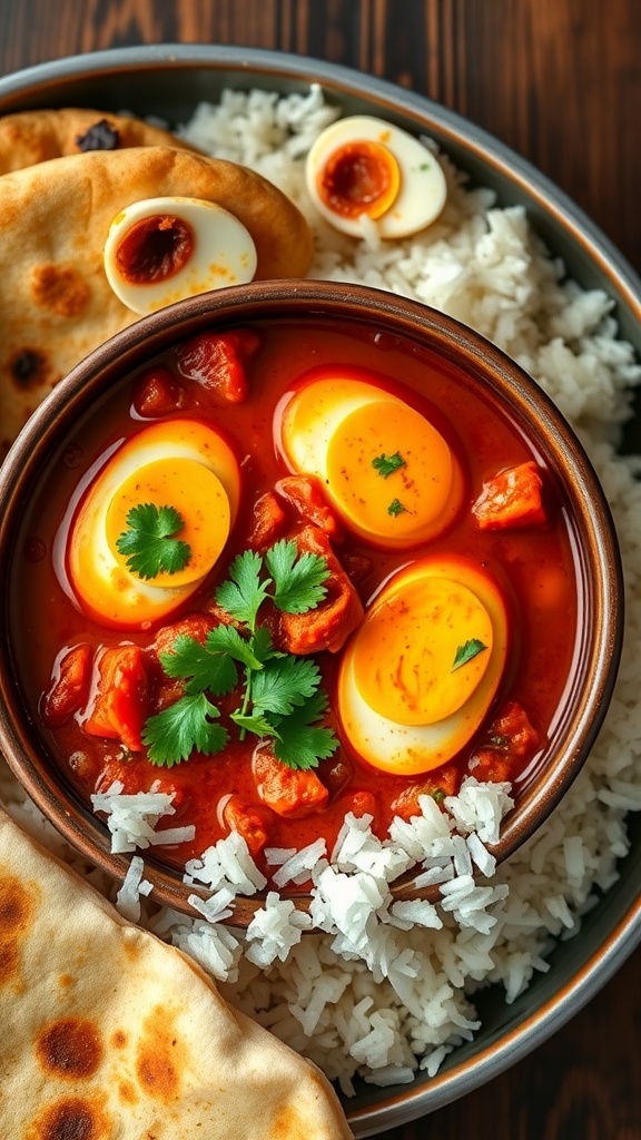 Spicy egg curry with hard-boiled eggs in tomato sauce, garnished with coriander, served with rice and naan.